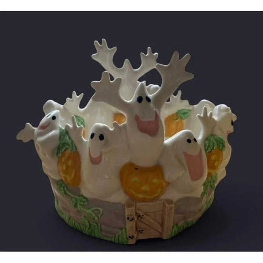 Ceramic Halloween Ghost and Pumpkin Candy Bowl Festive Spooky Decor